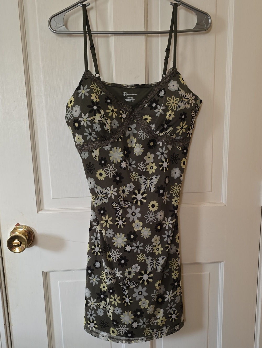 No Boundaries Olive Green Lace-Trim Floral And Butterflies Slip Dress